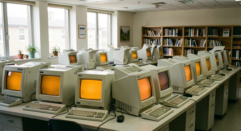 A 1980s university computer lab with rows of amber-screen terminals and dot matrix printers.