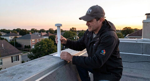 A volunteer installing a small white wireless antenna on a residential rooftop at dusk.