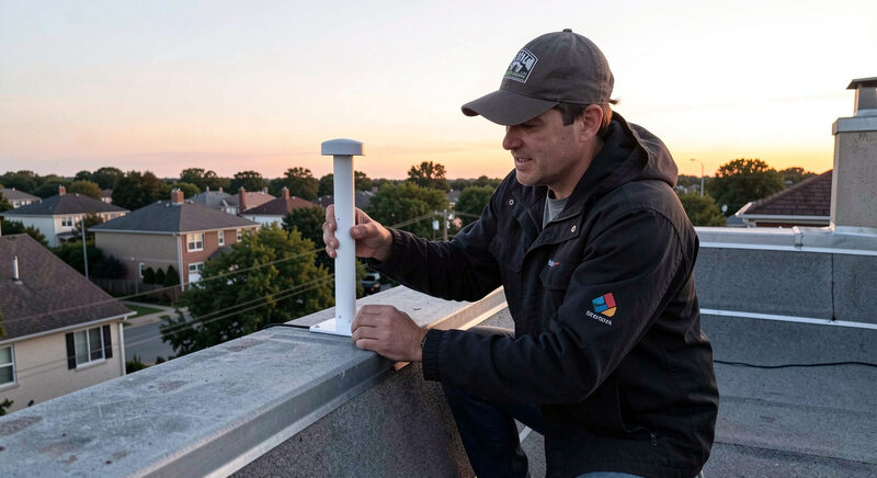 A volunteer installing a small white wireless antenna on a residential rooftop at dusk.
