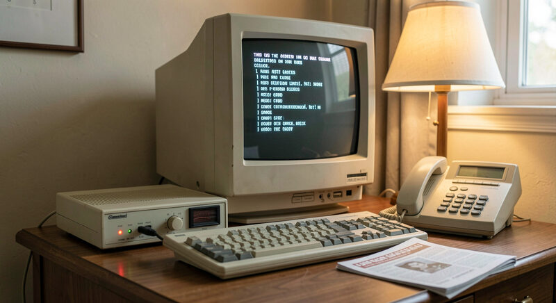 A 1990s desk with a CRT monitor showing a text menu, an external dial-up modem and a corded telephone in warm lamplight