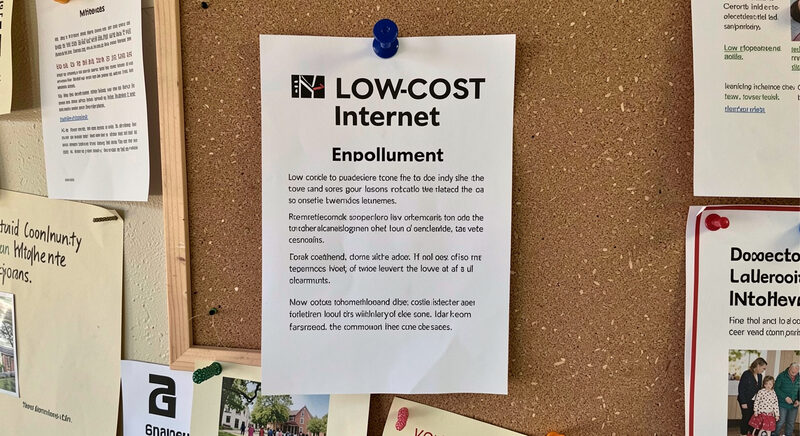 A printed enrollment flyer for a low-cost internet program pinned on a community center corkboard.