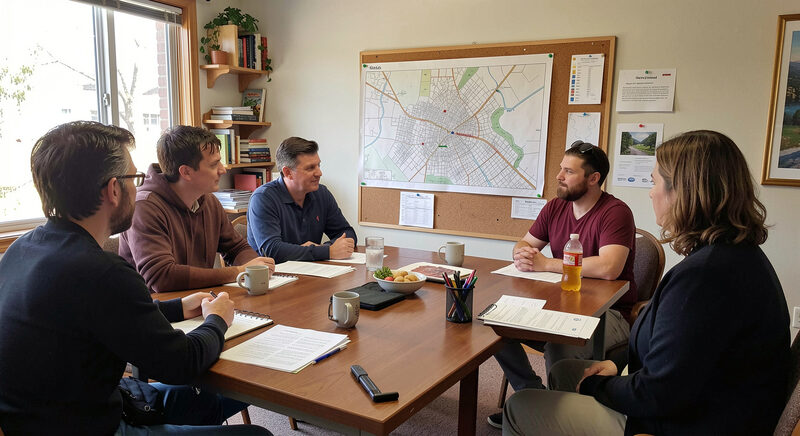 A small group meeting in a community room with a paper map of the neighborhood pinned to a corkboard.